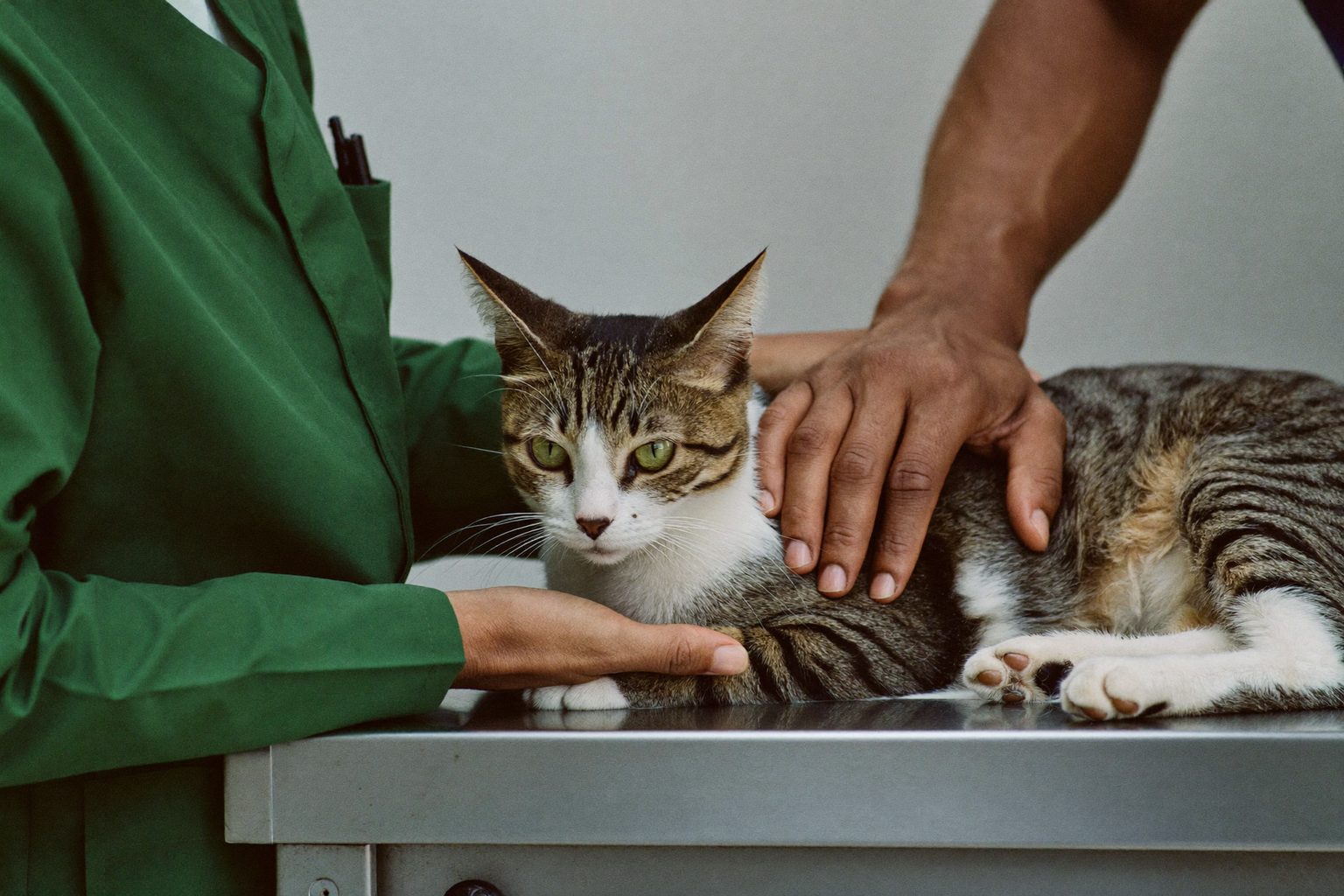 Dierenartsassistent in doktersjas houdt voorzichtig een kleine hond vast in een dierenkliniek