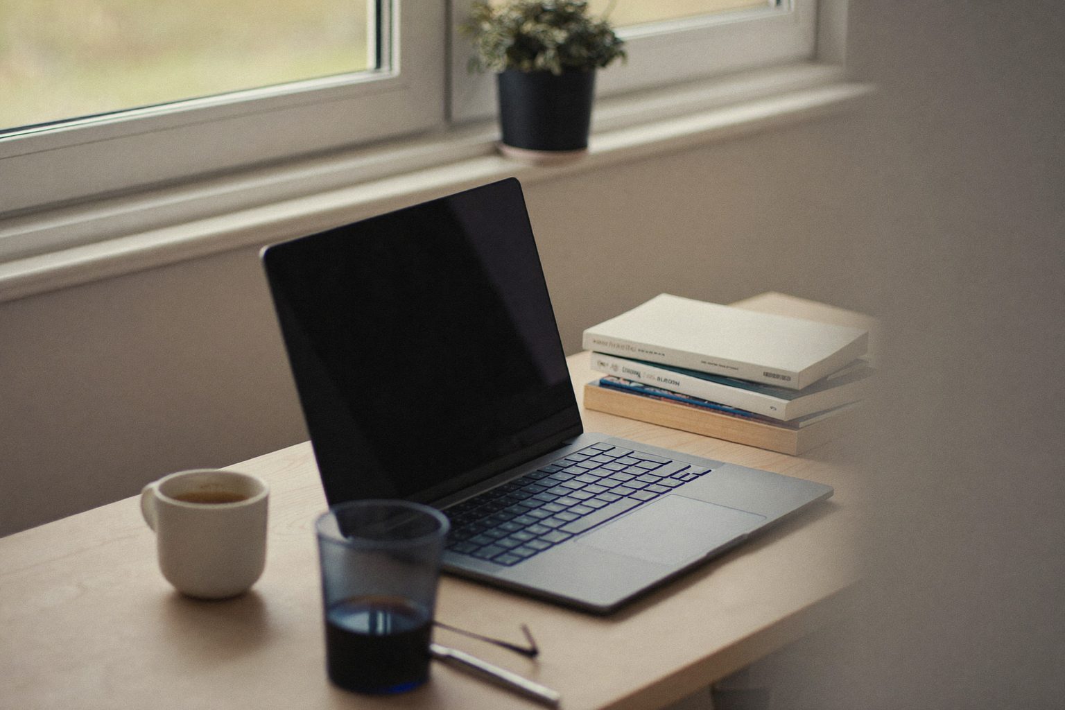 Een rustige thuiswerkplek bij het raam met een laptop, een kop koffie en een stapel studieboeken