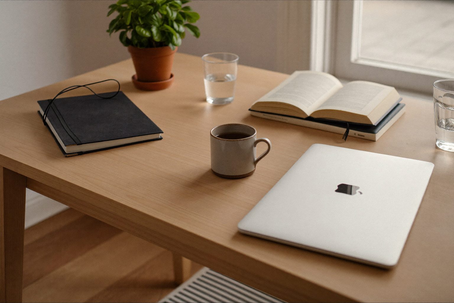Een rustige tafel bij het raam met een dichtgeklapte laptop, een kop koffie, een bril en een plant