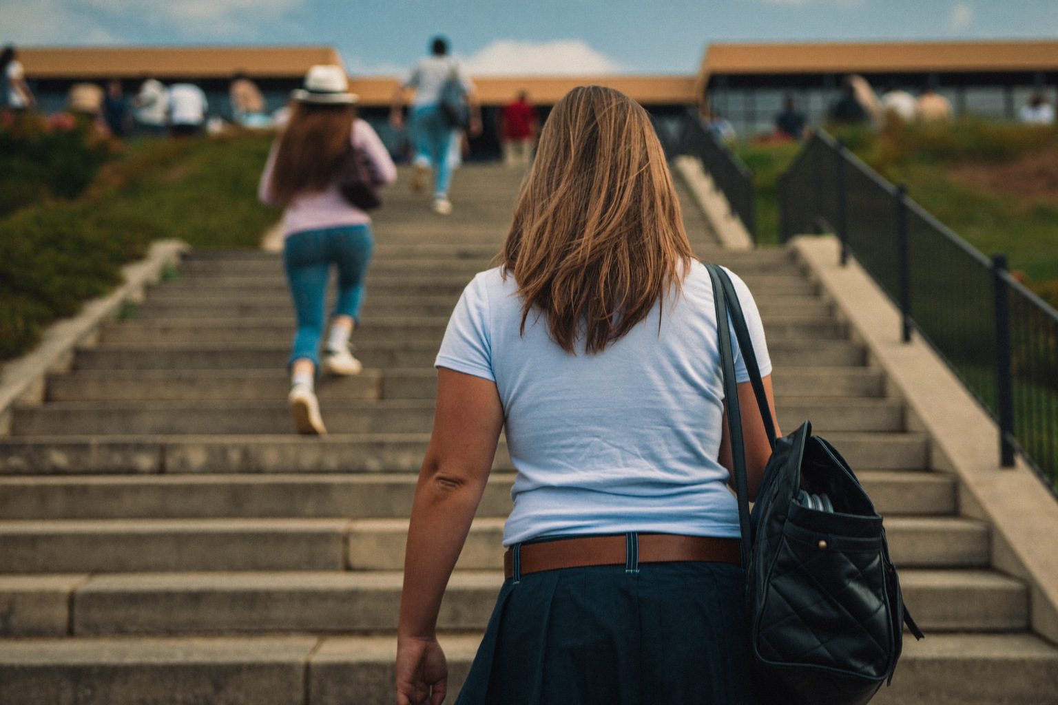 Volwassen student loopt met een tas een trap op, op weg naar een nieuwe opleiding