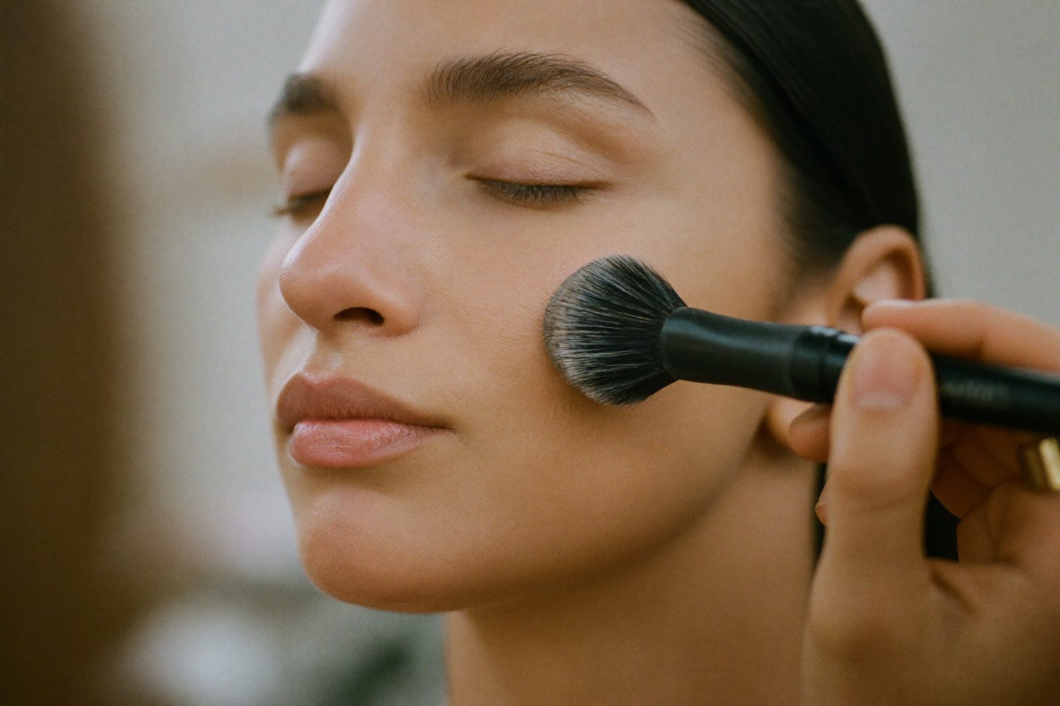Visagist brengt met een kwast make-up aan bij een glimlachende klant in een lichte studio